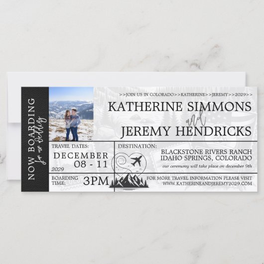 Zwart Colorado Bruiloft Boarding Pass uitnodigen (Voorkant)