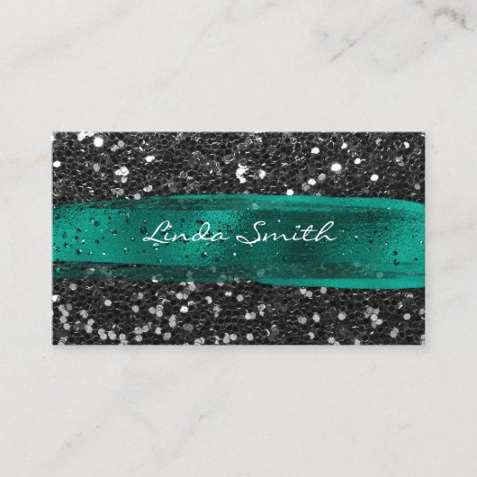 Zwart Confetti Glitter Blauwgroen Groen Penseelstr Visitekaartje (Voorkant)