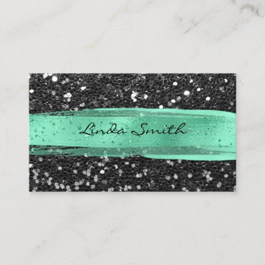 Zwart Confetti Glitter Mint Groen Penseelstreken Visitekaartje (Voorkant)