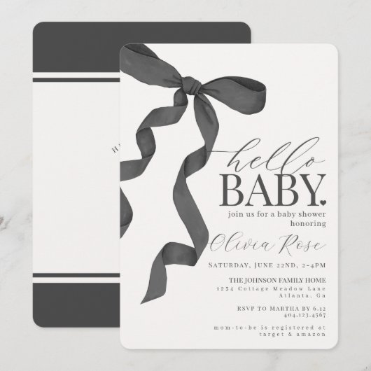 Zwart Coquette Bow Meisje Baby shower Invite (Voorkant / Achterkant)