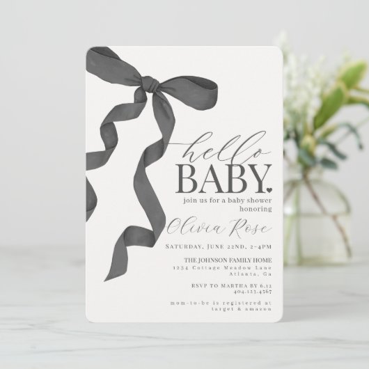 Zwart Coquette Bow Meisje Baby shower Invite (Staand voorkant)
