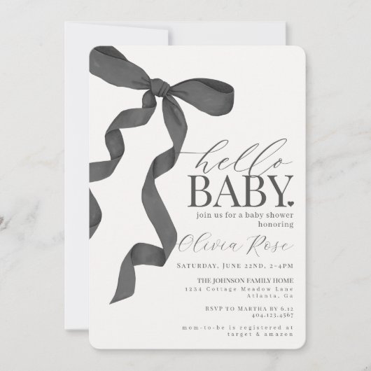 Zwart Coquette Bow Meisje Baby shower Invite (Voorkant)