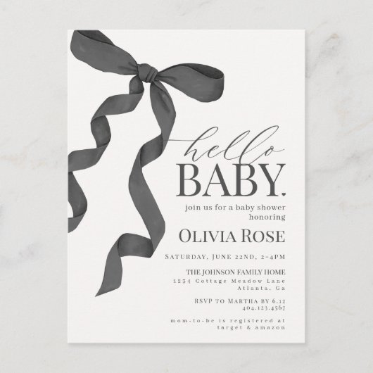 Zwart Coquette Bow Meisje Baby shower Invite Briefkaart (Voorkant)