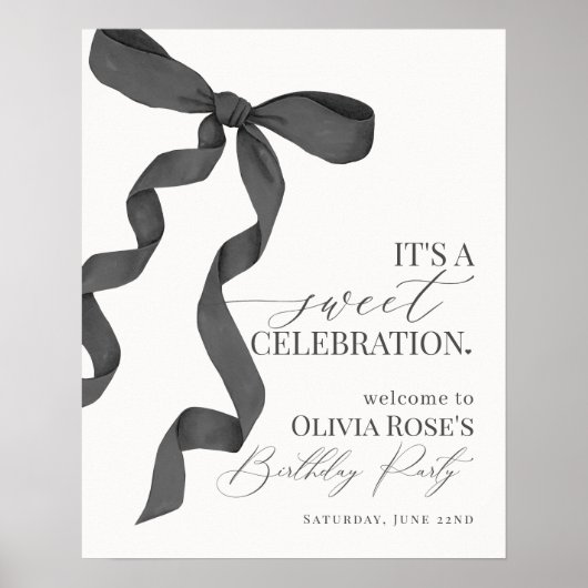 Zwart Coquette Bow Meisje Verjaardag Welkomstbord Poster (Voorkant)
