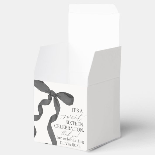 Zwart Coquette Bow Sweet 16 Verjaardagsfeestgesche Bedankdoosjes (Geopend)