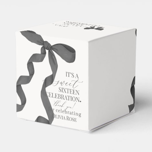 Zwart Coquette Bow Sweet 16 Verjaardagsfeestgesche Bedankdoosjes (Achterkant)