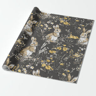 Zwart Cottagecore Konijn Bloemendessin Patroon Cadeaupapier