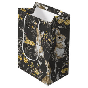 Zwart Cottagecore Konijn Bloemmotief Toile Patrone Medium Cadeauzakje
