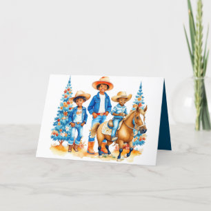 Zwart Cowboy Cowgirl Kinder Met Paard Vrolijk Kers Feestdagen Kaart
