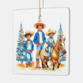 Zwart Cowboy Cowgirl Kinder met Paardenkerst Keramisch Ornament (Links)