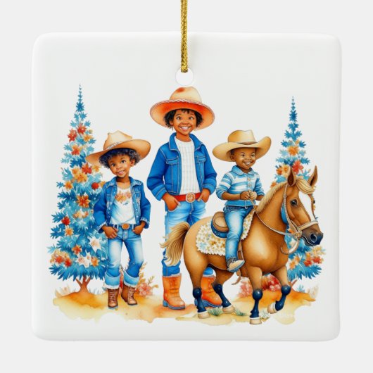 Zwart Cowboy Cowgirl Kinder met Paardenkerst Keramisch Ornament (Achterkant)