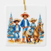 Zwart Cowboy Cowgirl Kinder met Paardenkerst Keramisch Ornament (Voorkant)