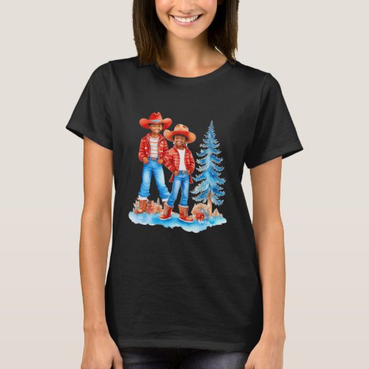 Zwart Cowboy Cowgirl Paar Winter Kerstmis Scène T-shirt (Voorkant)