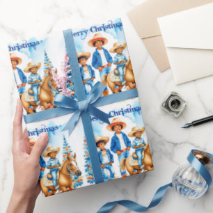 Zwart Cowboy Cowgirl Winter Scène Vrolijk Kerstfee Cadeaupapier