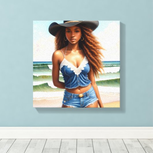 Zwart Cowgirl Koper Hair Beach Canvas Afdruk (Insitu (Houten vloer))