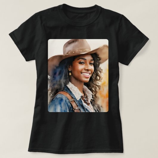 Zwart Cowgirl Western Afrikaans Amerikaans T-shirt (Design voorkant)