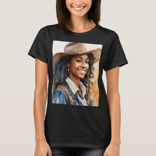 Zwart Cowgirl Western Afrikaans Amerikaans T-shirt (Voorkant)