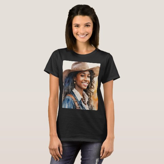 Zwart Cowgirl Western Afrikaans Amerikaans T-shirt (Voorkant volledig)