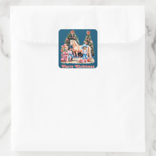 Zwart Cowgirl Winter Scène Paard Vrolijk Kerstfees Vierkante Sticker