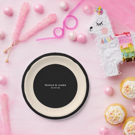 Zwart & Cream Chique Ronde Bruiloft Elegante Borde Papieren Bordje (Feest)