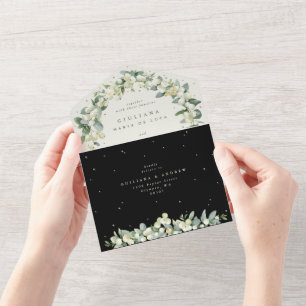 Zwart/Cream Sneeuwbes + Eucalyptus Bruiloft All In One Uitnodiging