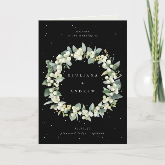 Zwart/Cream Sneeuwbes+Eucalyptus Winter Bruiloft Programma (Voorkant)