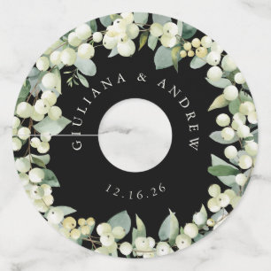 Zwart/Cream Sneeuwbes & Eucalyptus Winter Bruiloft Wijnglaslabel