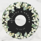 Zwart/Cream Sneeuwbes & Eucalyptus Winter Bruiloft Wijnglaslabel (Voorkant)