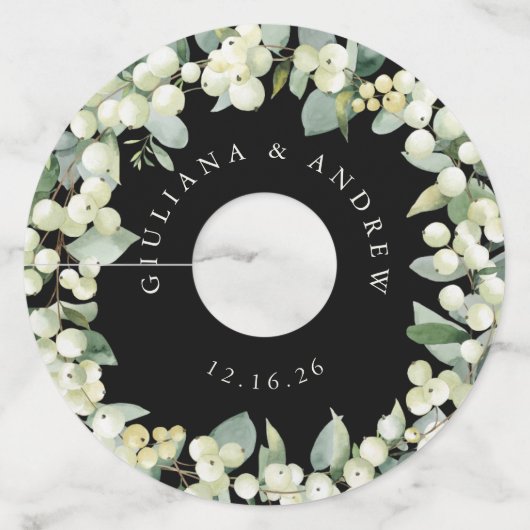 Zwart/Cream Sneeuwbes & Eucalyptus Winter Bruiloft Wijnglaslabel (Voorkant)