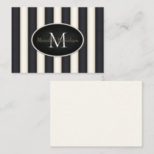 Zwart & Cream Stripes Ovaal ingelijst Monogram Cus Notitiekaartje (Voorkant / Achterkant)