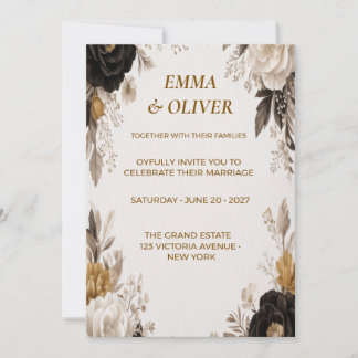 Zwart & Crème Bloemen Bruiloft Uitnodiging