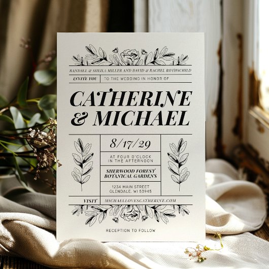  Zwart & Crème Botanische Elegante Huwelijk Kaart