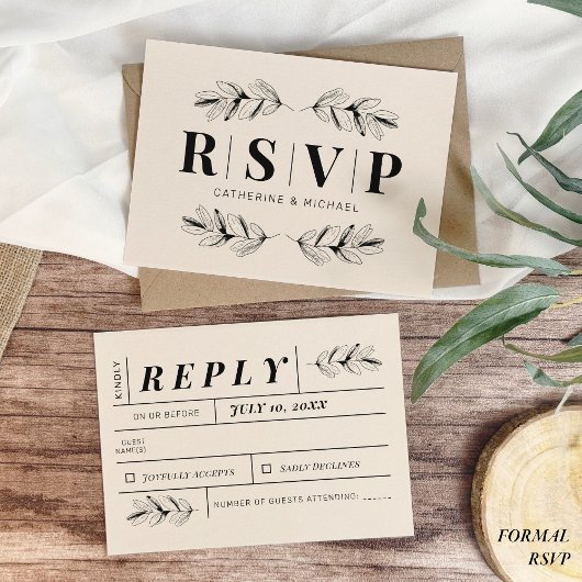  Zwart & Crème Botanische Elegante Huwelijk RSVP Kaartje