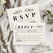  Zwart & Crème Botanische Elegante Huwelijk RSVP Kaartje