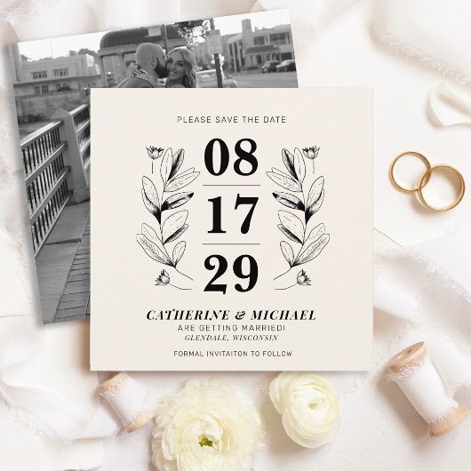  Zwart & Crème Botanische Elegante Huwelijk Save The Date