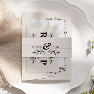 Zwart & Crème Botanische Elegante Huwelijk Uitnodigingen Wikkel