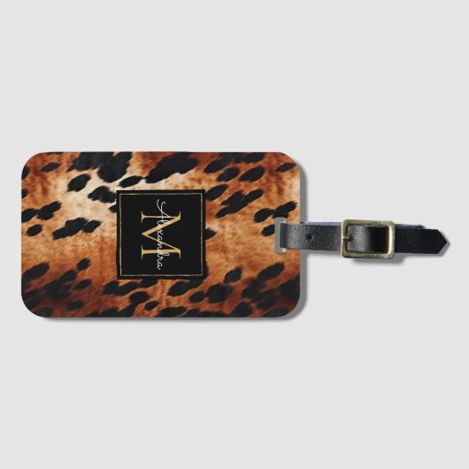Zwart Crème Bruin Koeienhuid Goud Monogram Bagagelabel (Voorkant (horizontaal))