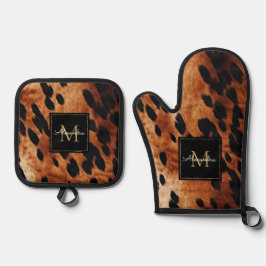 Zwart Crème Bruin Koeienhuid Goud Monogram Ovenwant & Pannenlap Set