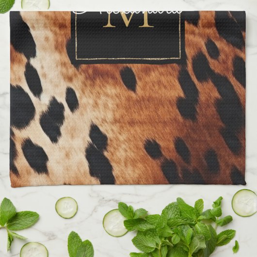 Zwart Crème Bruin Koeienhuid Goud Monogram Theedoek (Gevouwen)