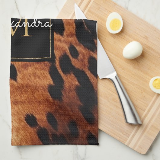 Zwart Crème Bruin Koeienhuid Goud Monogram Theedoek (Quarter Fold)