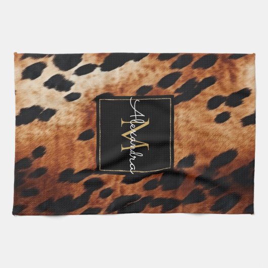 Zwart Crème Bruin Koeienhuid Goud Monogram Theedoek (Horizontaal)