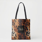 Zwart Crème Bruin Koeienhuid Goud Monogram Tote Bag (Voorkant)
