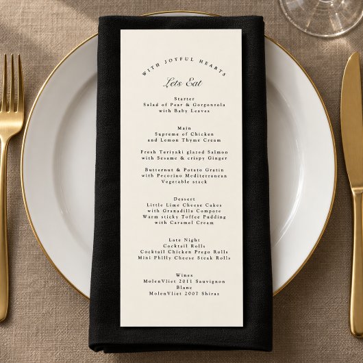 Zwart & Crème Formele Calligrafie Bruiloft Menu