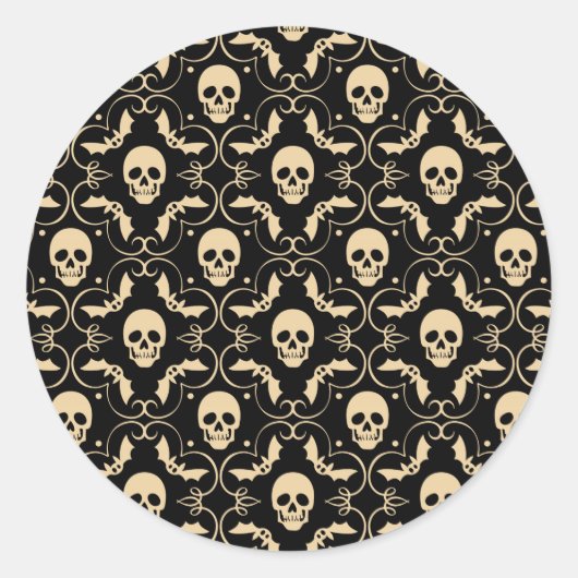 Zwart & Crème Halloween Schedels & Vleermuizen Fee Ronde Sticker (Voorkant)