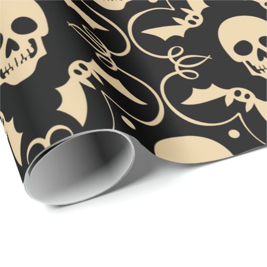 Zwart & Crème Halloween Skulls & Bats Party Cadeaupapier (Rol Hoek)