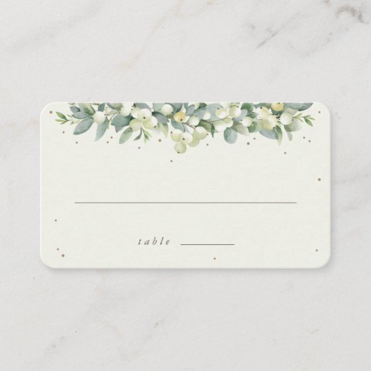 Zwart/crème sneeuwbes + eucalyptus bruiloft plat plaatskaartje (Voorkant)