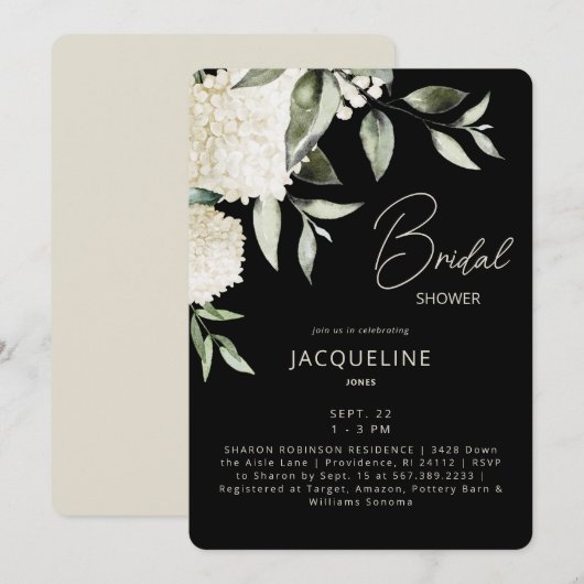 Zwart & Crème Witte Hydrangea Bruidsdouche Kaart (Voorkant / Achterkant)