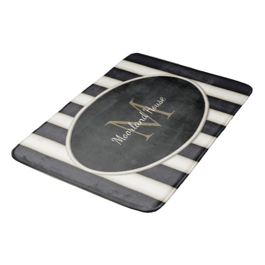Zwart & Cresme Strepen Brons Monogram Badmat (Gekanteld)