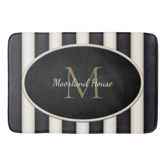 Zwart & Cresme Strepen Brons Monogram Badmat (Voorkant)