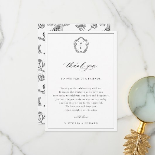  Zwart Crest Bruiloft Receptie Tafel Bedankkaart (Voorkant / Achterkant in situ)